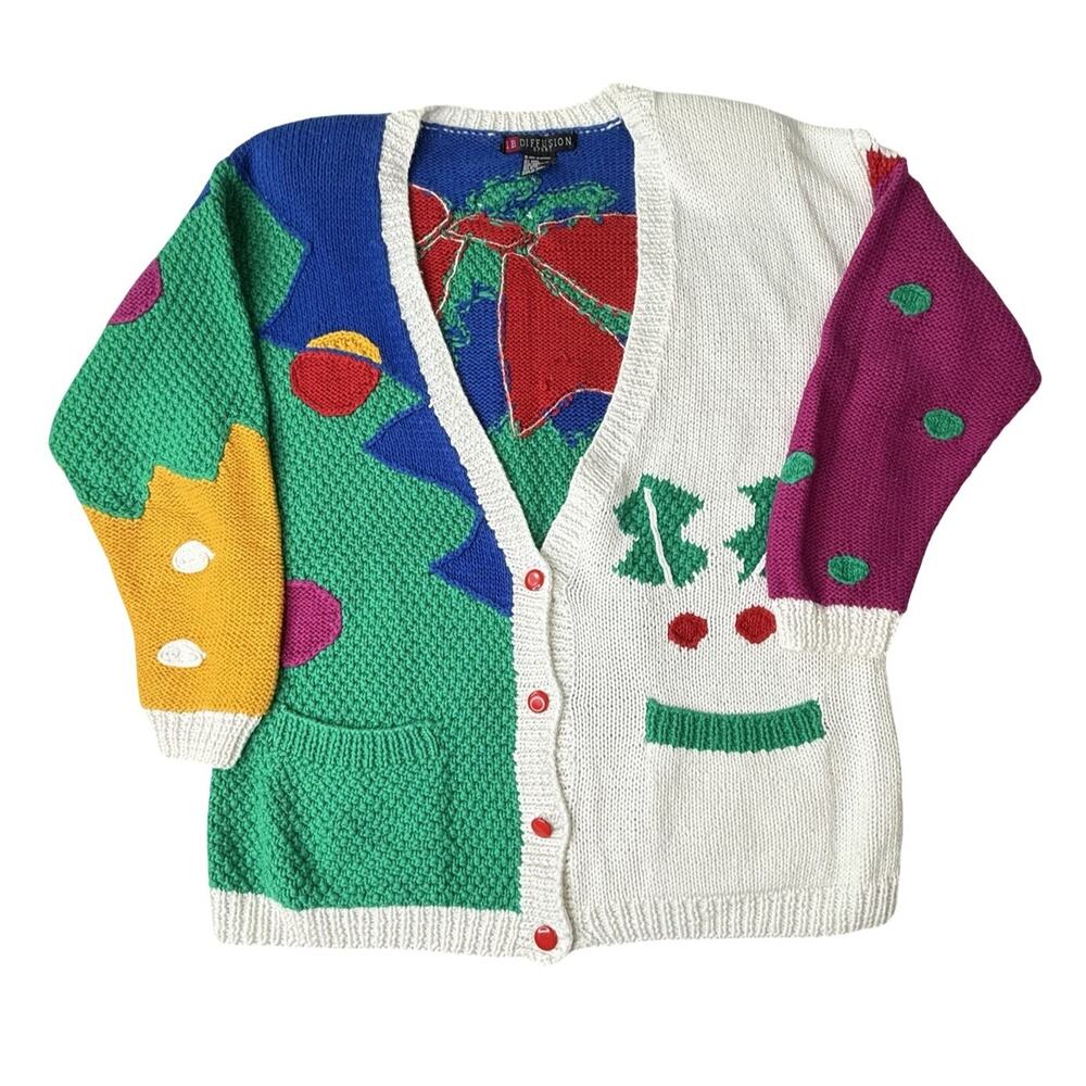 I.B Diffusion Sport‎ Womens Christmas Ugly Cardigan Sweater Sz L Block Print 90s